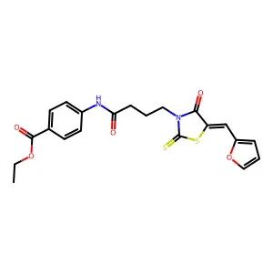 (E)-ethyl 4-(4-(5-(furan-2-ylmethylene)-4-oxo-2-thioxothiazolidin-3-yl)butanamido)benzoate structure
