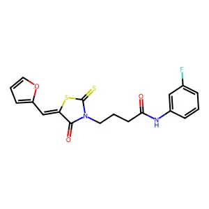 (E)-N-(3-fluorophenyl)-4-(5-(furan-2-ylmethylene)-4-oxo-2-thioxothiazolidin-3-yl)butanamide structure