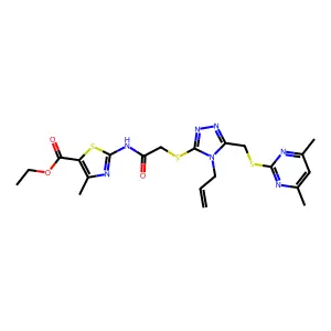 ethyl 2-(2-{5-[(4,6-dimethylpyrimidin-2-ylthio)methyl]-4-prop-2-enyl(1,2,4-tri azol-3-ylthio)}acetylamino)-4-methyl-1,3-thiazole-5-carboxylate structure