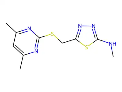 5-(((4,6-dimethylpyrimidin-2-yl)thio)methyl)-N-methyl-1,3,4-thiadiazol-2-amine structure
