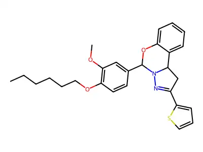 5-[4-(hexyloxy)-3-methoxyphenyl]-2-(thiophen-2-yl)-1,10b-dihydropyrazolo[1,5-c][1,3]benzoxazine structure