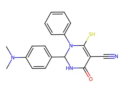 2-(4-(dimethylamino)phenyl)-6-mercapto-4-oxo-1-phenyl-1,2,3,4-tetrahydropyrimidine-5-carbonitrile structure