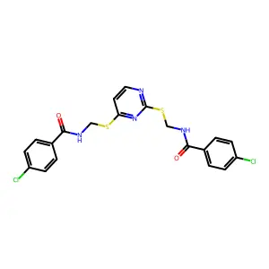 4-chloro-N-[[2-[[(4-chlorobenzoyl)amino]methylsulfanyl]pyrimidin-4-yl]sulfanylmethyl]benzamide structure