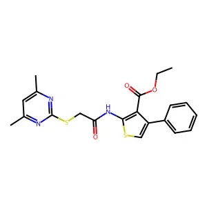 ethyl 2-({[(4,6-dimethyl-2-pyrimidinyl)thio]acetyl}amino)-4-phenyl-3-thiophenecarboxylate structure