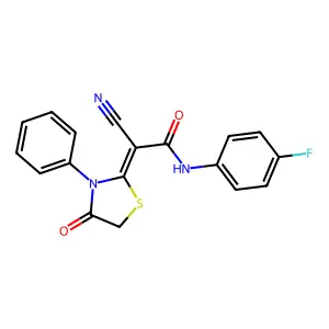 (Z)-2-cyano-N-(4-fluorophenyl)-2-(4-oxo-3-phenylthiazolidin-2-ylidene)acetamide structure