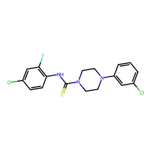 N-(4-chloro-2-fluorophenyl)-4-(3-chlorophenyl)piperazine-1-carbothioamide structure