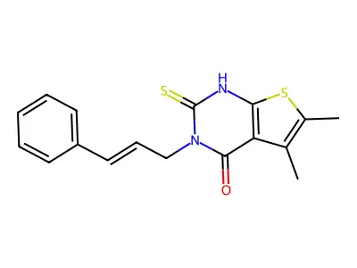 5,6-dimethyl-3-[(E)-3-phenylprop-2-enyl]-2-sulfanylidene-1H-thieno[2,3-d]pyrimidin-4-one structure