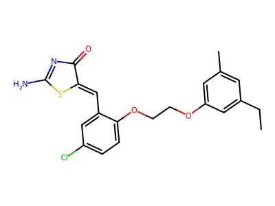 (5Z)-2-amino-5-[[5-chloro-2-[2-(3-ethyl-5-methylphenoxy)ethoxy]phenyl]methylidene]-1,3-thiazol-4-one structure