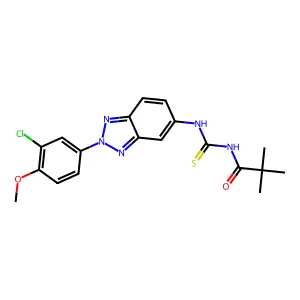 N-[[2-(3-chloro-4-methoxyphenyl)benzotriazol-5-yl]carbamothioyl]-2,2-dimethylpropanamide structure