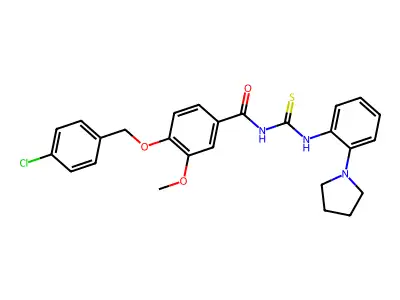 4-[(4-chlorophenyl)methoxy]-3-methoxy-N-[(2-pyrrolidin-1-ylphenyl)carbamothioyl]benzamide structure