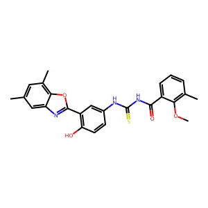 N-((3-(5,7-dimethylbenzo[d]oxazol-2-yl)-4-hydroxyphenyl)carbamothioyl)-2-methoxy-3-methylbenzamide structure