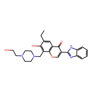 3-(1H-benzo[d]imidazol-2-yl)-6-ethyl-7-hydroxy-8-((4-(2-hydroxyethyl)piperazin-1-yl)methyl)-4H-chromen-4-one structure