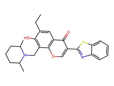 3-(benzo[d]thiazol-2-yl)-8-((2,6-dimethylpiperidin-1-yl)methyl)-6-ethyl-7-hydroxy-4H-chromen-4-one structure