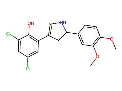 2,4-dichloro-6-[5-(3,4-dimethoxyphenyl)-4,5-dihydro-1H-pyrazol-3-yl]phenol structure