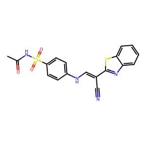 (E)-N-((4-((2-(benzo[d]thiazol-2-yl)-2-cyanovinyl)amino)phenyl)sulfonyl)acetamide structure