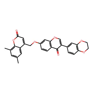 4-(((3-(2,3-dihydrobenzo[b][1,4]dioxin-6-yl)-4-oxo-4H-chromen-7-yl)oxy)methyl)-6,8-dimethyl-2H-chromen-2-one structure