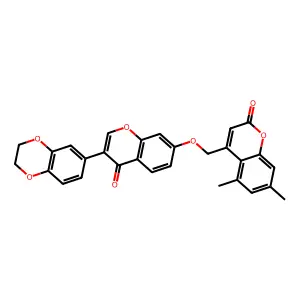 4-(((3-(2,3-dihydrobenzo[b][1,4]dioxin-6-yl)-4-oxo-4H-chromen-7-yl)oxy)methyl)-5,7-dimethyl-2H-chromen-2-one structure