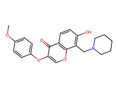 7-hydroxy-3-(4-methoxyphenoxy)-8-(piperidin-1-ylmethyl)-4H-chromen-4-one structure