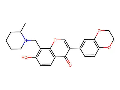 3-(2,3-dihydro-1,4-benzodioxin-6-yl)-8-[(2-methylpiperidin-1-ium-1-yl)methyl]-4-oxochromen-7-olate structure