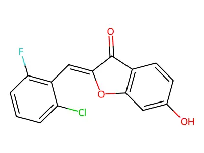 (2Z)-2-(2-chloro-6-fluorobenzylidene)-6-hydroxy-1-benzofuran-3(2H)-one structure