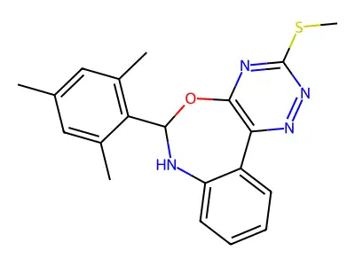 3-methylsulfanyl-6-(2,4,6-trimethylphenyl)-6,7-dihydro-[1,2,4]triazino[5,6-d][3,1]benzoxazepine structure