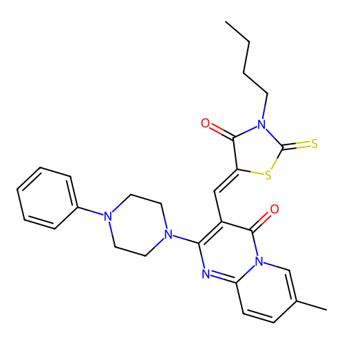 3-[(Z)-(3-butyl-4-oxo-2-thioxo-1,3-thiazolidin-5-ylidene)methyl]-7-methyl-2-(4-phenylpiperazin-1-yl)-4H-pyrido[1,2-a]pyrimidin-4-one structure