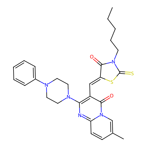 7-methyl-3-[(Z)-(4-oxo-3-pentyl-2-thioxo-1,3-thiazolidin-5-ylidene)methyl]-2-(4-phenylpiperazin-1-yl)-4H-pyrido[1,2-a]pyrimidin-4-one structure