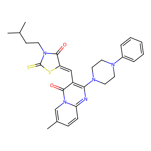 7-methyl-3-{(Z)-[3-(3-methylbutyl)-4-oxo-2-thioxo-1,3-thiazolidin-5-ylidene]methyl}-2-(4-phenylpiperazin-1-yl)-4H-pyrido[1,2-a]pyrimidin-4-one structure