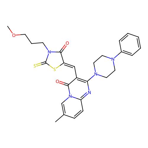 3-{(Z)-[3-(3-methoxypropyl)-4-oxo-2-thioxo-1,3-thiazolidin-5-ylidene]methyl}-7-methyl-2-(4-phenylpiperazin-1-yl)-4H-pyrido[1,2-a]pyrimidin-4-one structure