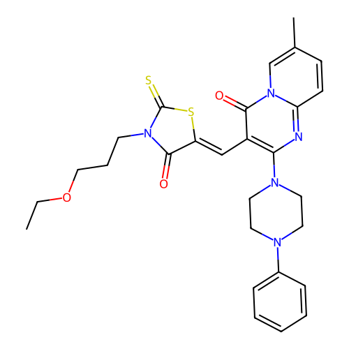3-{(Z)-[3-(3-ethoxypropyl)-4-oxo-2-thioxo-1,3-thiazolidin-5-ylidene]methyl}-7-methyl-2-(4-phenylpiperazin-1-yl)-4H-pyrido[1,2-a]pyrimidin-4-one structure