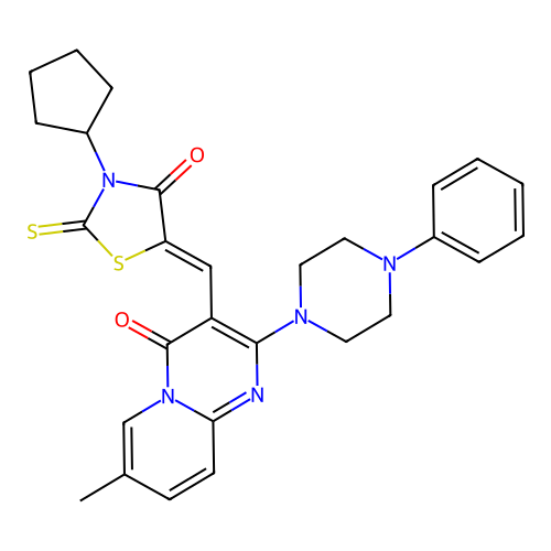 3-[(Z)-(3-cyclopentyl-4-oxo-2-thioxo-1,3-thiazolidin-5-ylidene)methyl]-7-methyl-2-(4-phenylpiperazin-1-yl)-4H-pyrido[1,2-a]pyrimidin-4-one structure