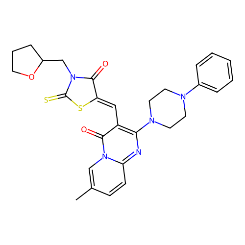 7-methyl-3-{(Z)-[4-oxo-3-(tetrahydrofuran-2-ylmethyl)-2-thioxo-1,3-thiazolidin-5-ylidene]methyl}-2-(4-phenylpiperazin-1-yl)-4H-pyrido[1,2-a]pyrimidin-4-one structure