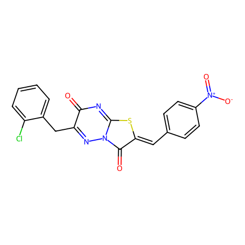 (Z)-6-(2-chlorobenzyl)-2-(4-nitrobenzylidene)-2H-thiazolo[3,2-b][1,2,4]triazine-3,7-dione structure