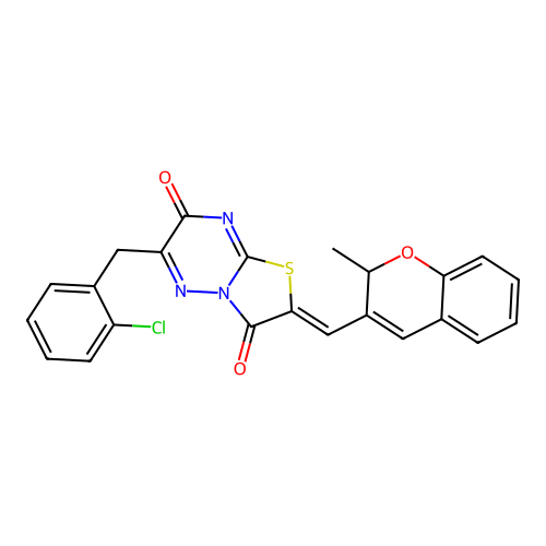 (2Z)-6-(2-chlorobenzyl)-2-[(2-methyl-2H-chromen-3-yl)methylidene]-7H-[1,3]thiazolo[3,2-b][1,2,4]triazine-3,7(2H)-dione structure