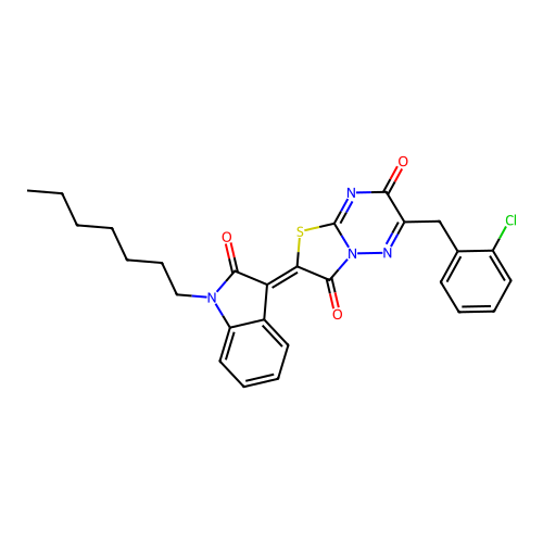 (2Z)-6-(2-chlorobenzyl)-2-(1-heptyl-2-oxo-1,2-dihydro-3H-indol-3-ylidene)-7H-[1,3]thiazolo[3,2-b][1,2,4]triazine-3,7(2H)-dione structure