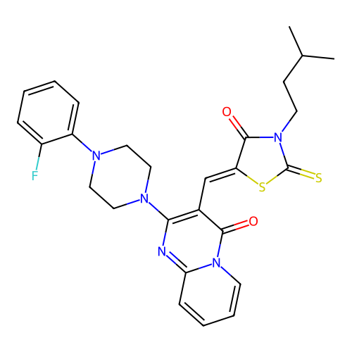 2-[4-(2-fluorophenyl)piperazin-1-yl]-3-{(Z)-[3-(3-methylbutyl)-4-oxo-2-thioxo-1,3-thiazolidin-5-ylidene]methyl}-4H-pyrido[1,2-a]pyrimidin-4-one structure