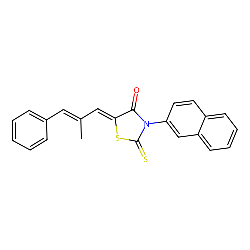 (Z)-5-((E)-2-methyl-3-phenylallylidene)-3-(naphthalen-2-yl)-2-thioxothiazolidin-4-one structure