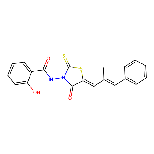 2-hydroxy-N-((Z)-5-((E)-2-methyl-3-phenylallylidene)-4-oxo-2-thioxothiazolidin-3-yl)benzamide structure