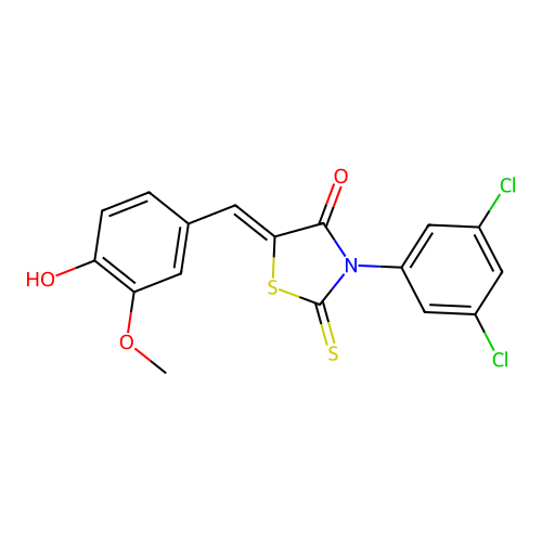 (Z)-3-(3,5-dichlorophenyl)-5-(4-hydroxy-3-methoxybenzylidene)-2-thioxothiazolidin-4-one structure