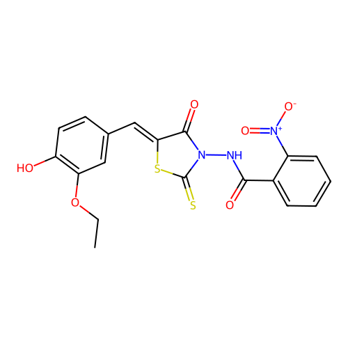 (Z)-N-(5-(3-ethoxy-4-hydroxybenzylidene)-4-oxo-2-thioxothiazolidin-3-yl)-2-nitrobenzamide structure