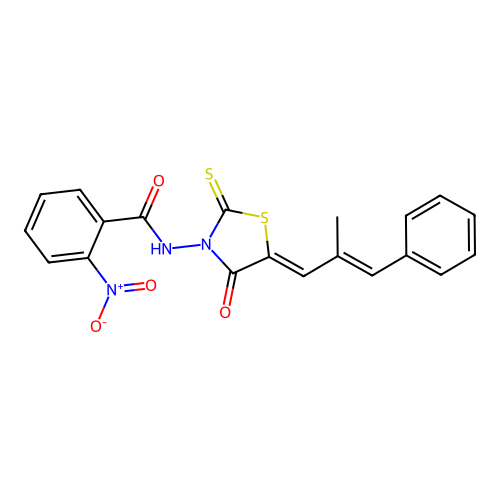 N-((Z)-5-((E)-2-methyl-3-phenylallylidene)-4-oxo-2-thioxothiazolidin-3-yl)-2-nitrobenzamide structure