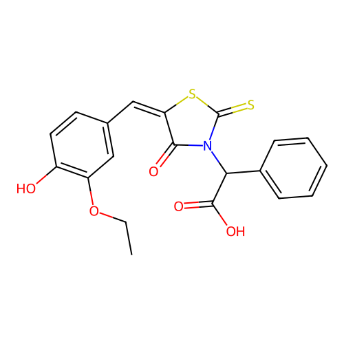 2-[(5E)-5-[(3-ethoxy-4-hydroxyphenyl)methylidene]-4-oxo-2-sulfanylidene-1,3-thiazolidin-3-yl]-2-phenylacetic acid structure