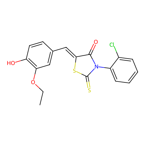(Z)-3-(2-chlorophenyl)-5-(3-ethoxy-4-hydroxybenzylidene)-2-thioxothiazolidin-4-one structure