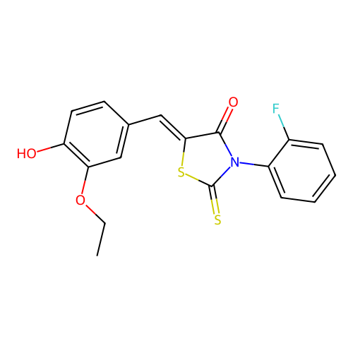 (Z)-5-(3-ethoxy-4-hydroxybenzylidene)-3-(2-fluorophenyl)-2-thioxothiazolidin-4-one structure