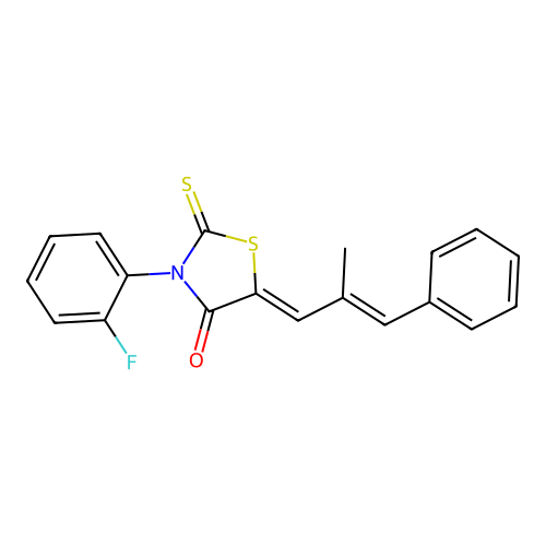 (Z)-3-(2-fluorophenyl)-5-((E)-2-methyl-3-phenylallylidene)-2-thioxothiazolidin-4-one structure
