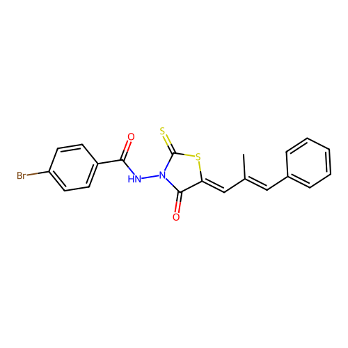 4-bromo-N-{(5Z)-5-[(2E)-2-methyl-3-phenylprop-2-en-1-ylidene]-4-oxo-2-thioxo-1,3-thiazolidin-3-yl}benzamide structure