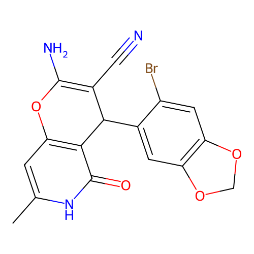 2-amino-4-(6-bromo-1,3-benzodioxol-5-yl)-7-methyl-5-oxo-5,6-dihydro-4H-pyrano[3,2-c]pyridine-3-carbonitrile structure
