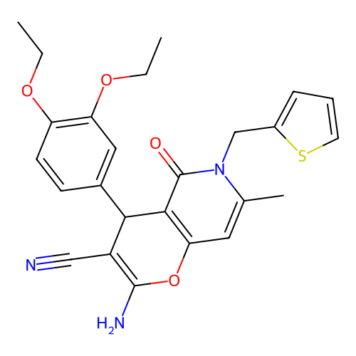 2-amino-4-(3,4-diethoxyphenyl)-7-methyl-5-oxo-6-(thiophen-2-ylmethyl)-5,6-dihydro-4H-pyrano[3,2-c]pyridine-3-carbonitrile structure