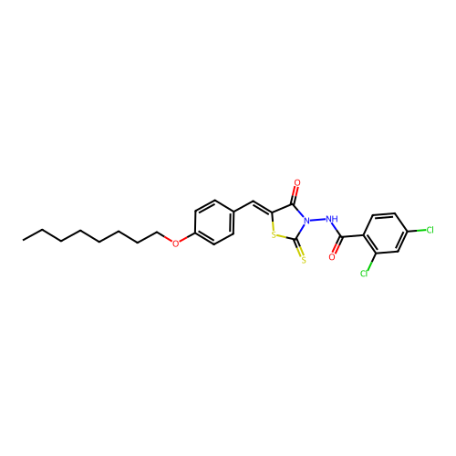 2,4-dichloro-N-{(5Z)-5-[4-(octyloxy)benzylidene]-4-oxo-2-thioxo-1,3-thiazolidin-3-yl}benzamide structure