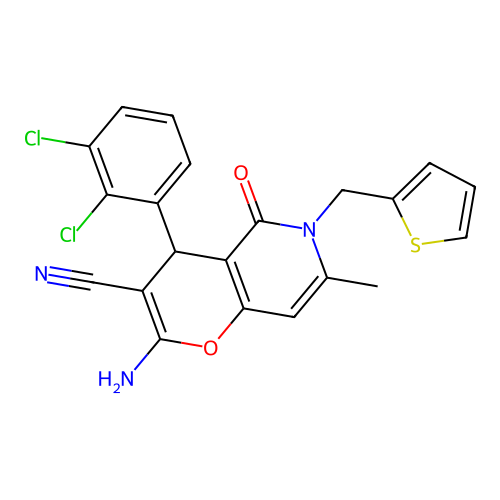 2-amino-4-(2,3-dichlorophenyl)-7-methyl-5-oxo-6-(thiophen-2-ylmethyl)-5,6-dihydro-4H-pyrano[3,2-c]pyridine-3-carbonitrile structure